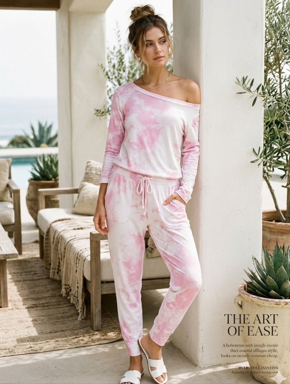 Soft Pink Tie-Dye Off-Shoulder Lounge Jumpsuit Set